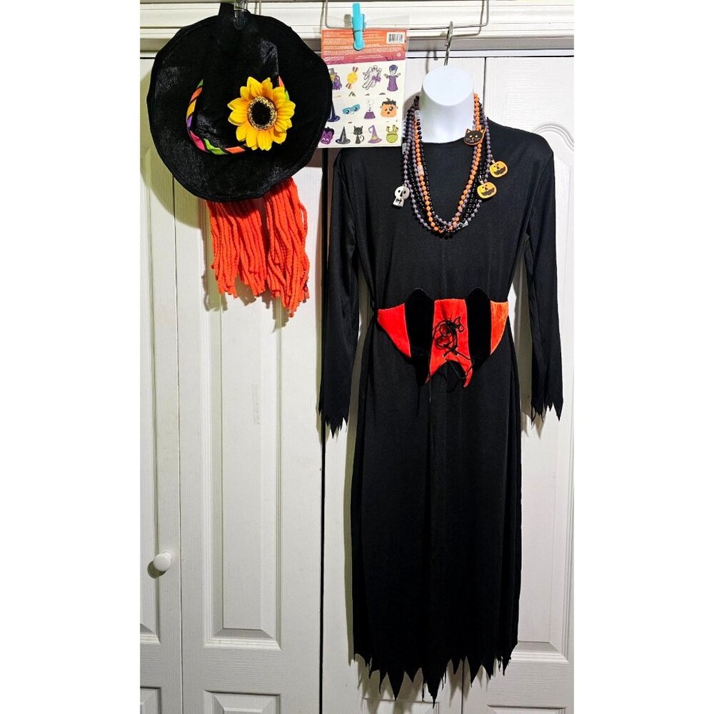 Witch Costume Girls 8-10 Dress Wig Hat Orange Belt Necklace Tattoo Halloween Set